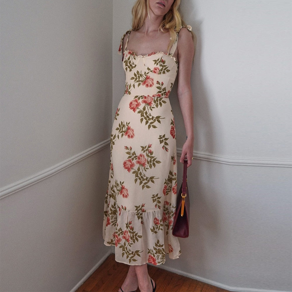 Elegant Vintage Floral Neck Sleeveless Strap Dress InsStreet