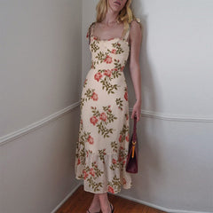 Elegant Vintage Floral Neck Sleeveless Strap Dress InsStreet