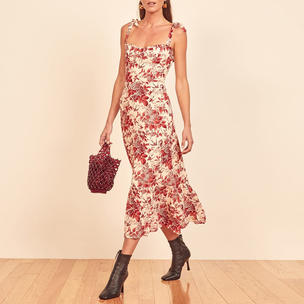 Elegant Vintage Floral Neck Sleeveless Strap Dress InsStreet