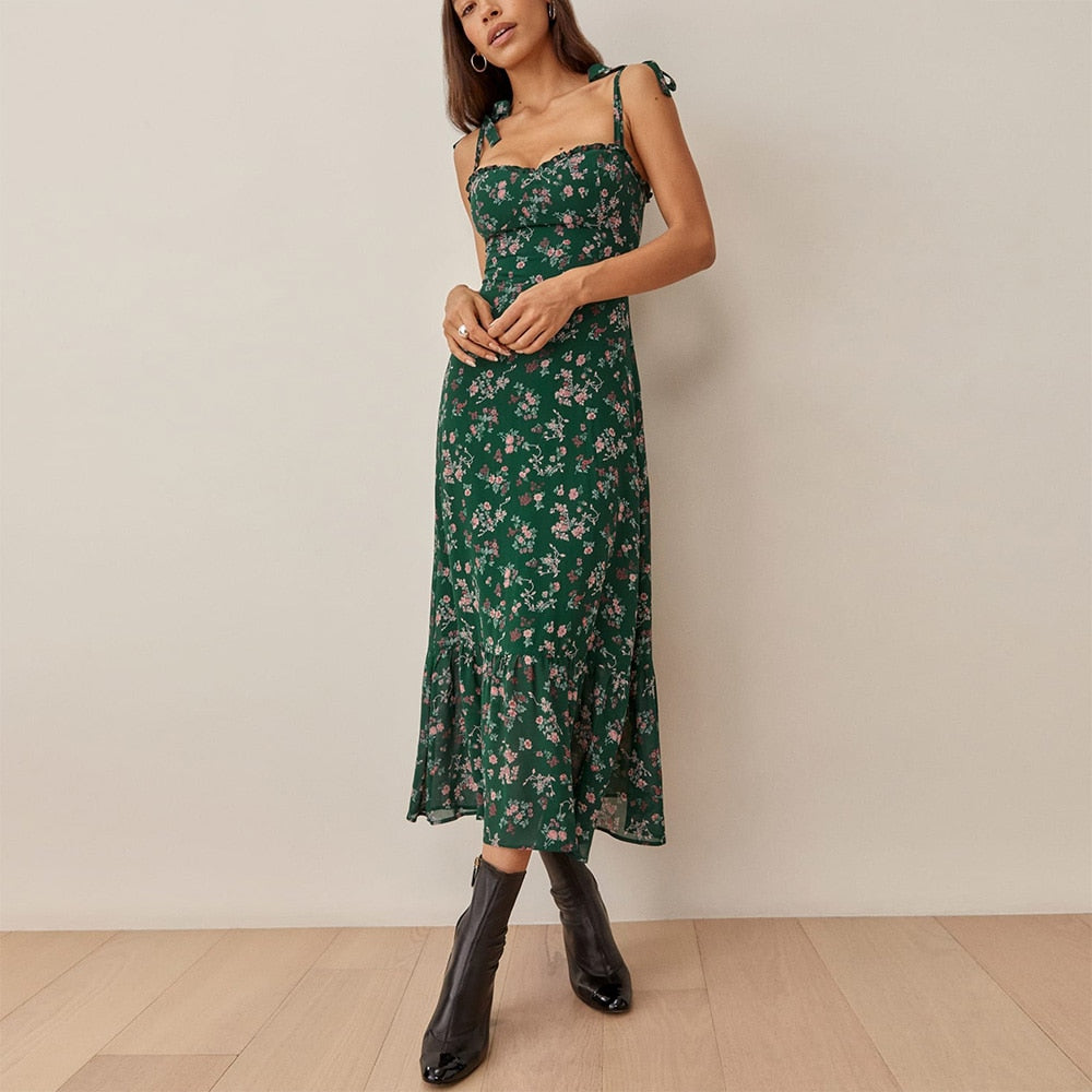 Elegant Vintage Floral Neck Sleeveless Strap Dress InsStreet