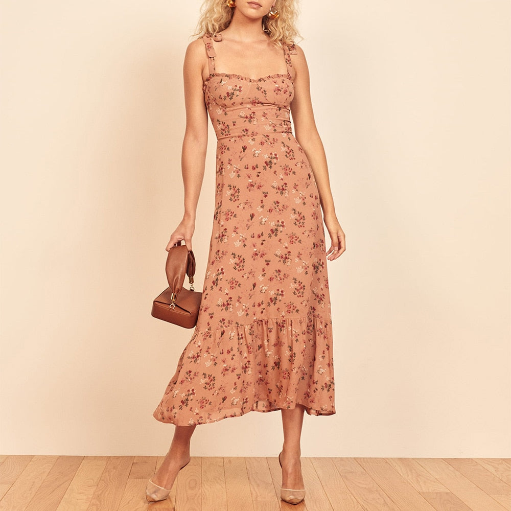 Elegant Vintage Floral Neck Sleeveless Strap Dress InsStreet