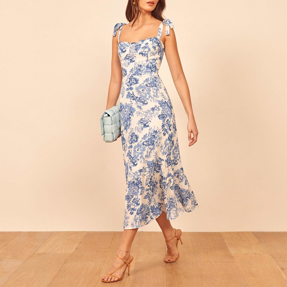 Elegant Vintage Floral Neck Sleeveless Strap Dress InsStreet