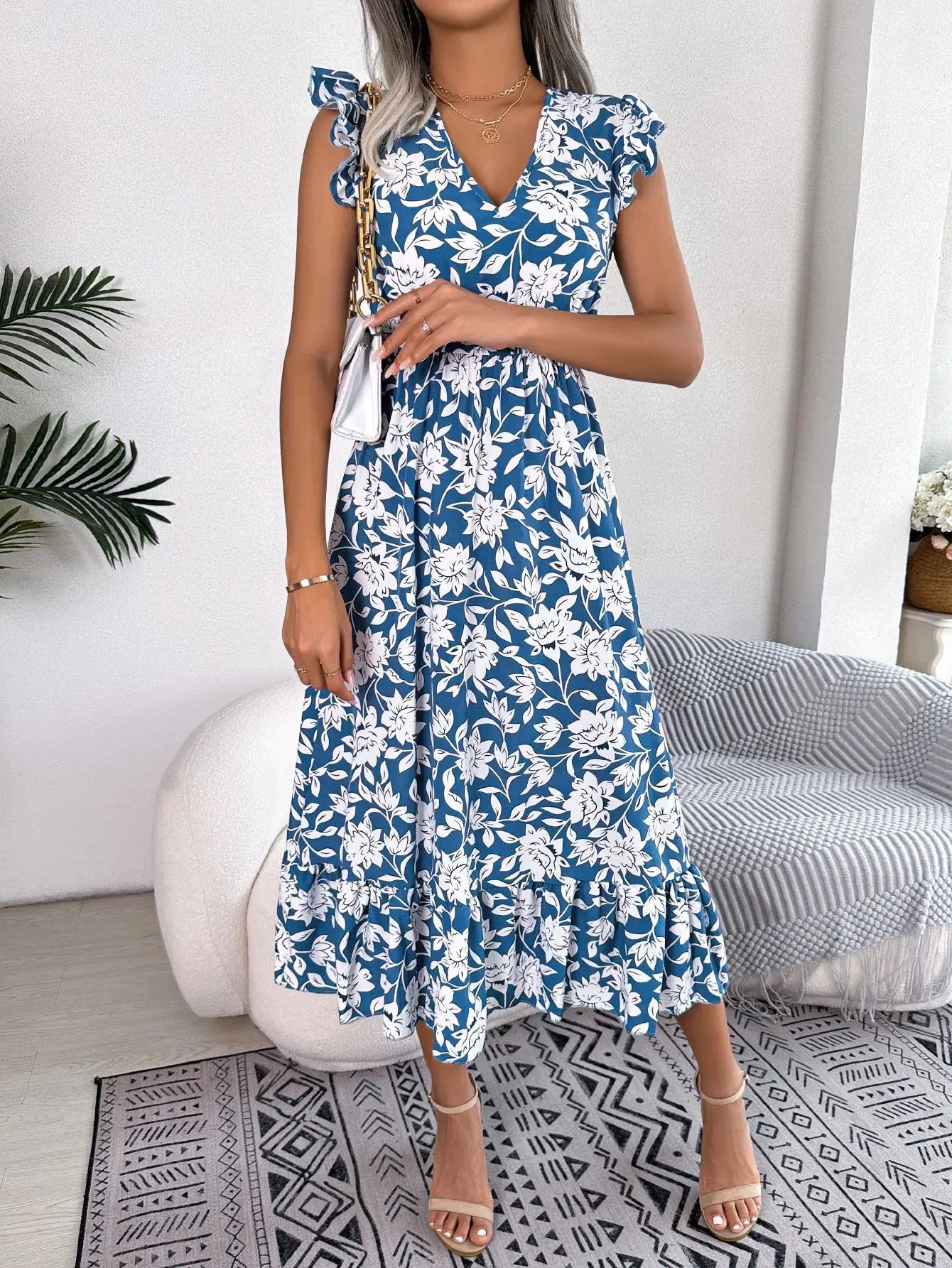 Sleeveless V Neck Summer A Line Midi Dress Boho Dress InsStreet