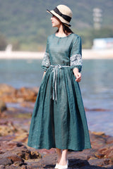 Emerald Embroidered Ramie Dress InsStreet