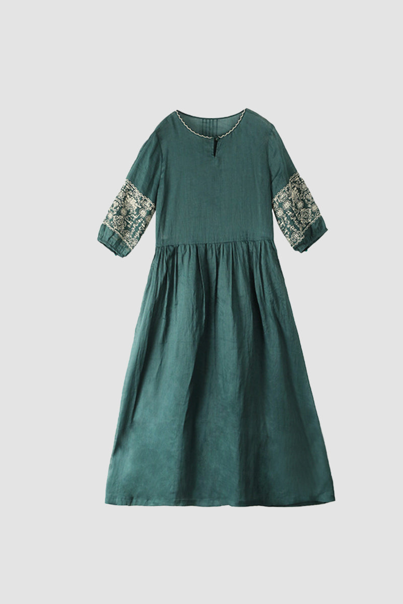 Emerald Embroidered Ramie Dress InsStreet