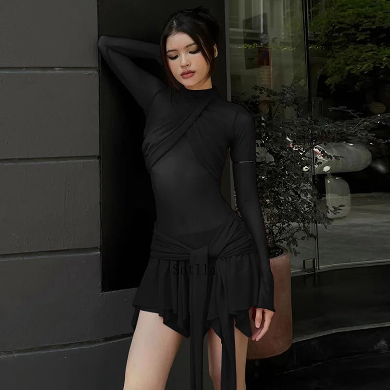 A-Line Pleated Mesh Sheer Mini Dress InsStreet