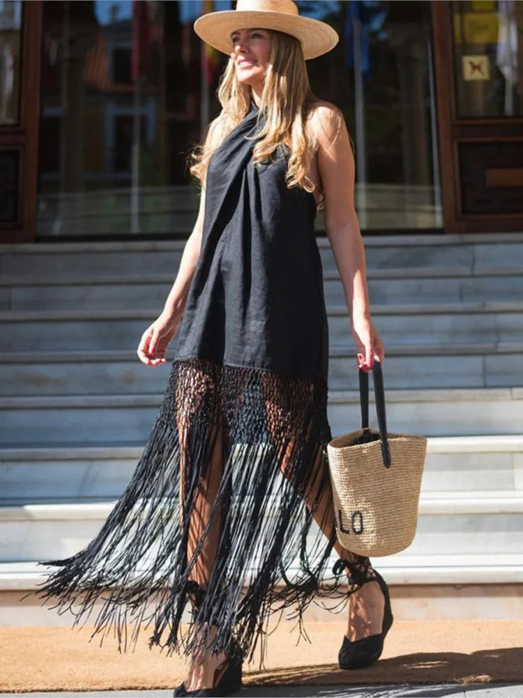 Stylish Fashionable Backless Ruffled Crossed Tasseled Sleeveless Midi Dress InsStreet