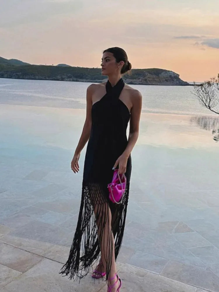 Stylish Fashionable Backless Ruffled Crossed Tasseled Sleeveless Midi Dress InsStreet