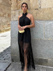 Stylish Fashionable Backless Ruffled Crossed Tasseled Sleeveless Midi Dress InsStreet