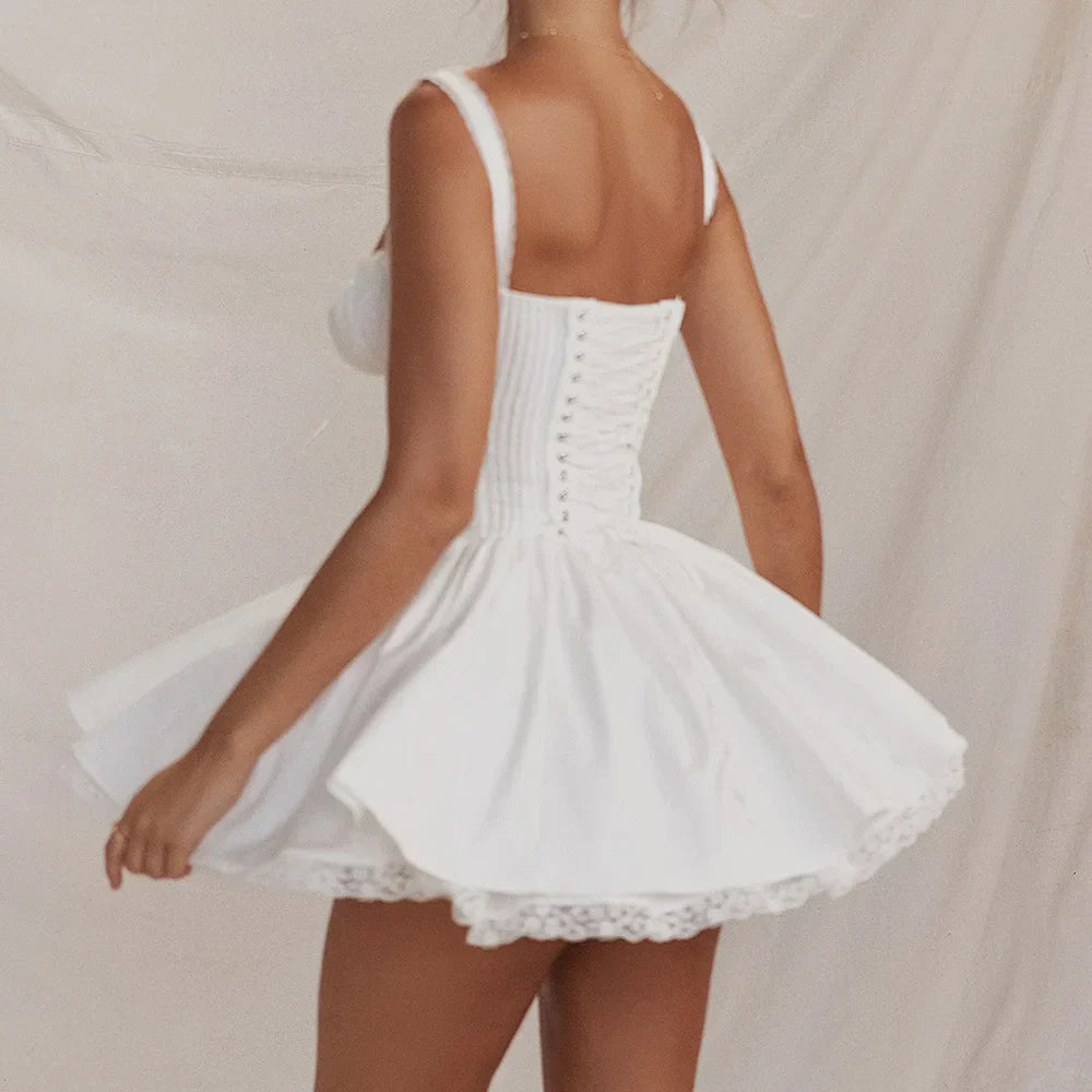 Fairy Grunge Lace Up White Corset Frill Mini Dress InsStreet