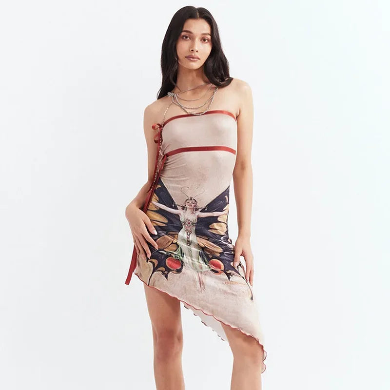 Fashion Butterfly Print Sexy Strapless Mini Dress InsStreet