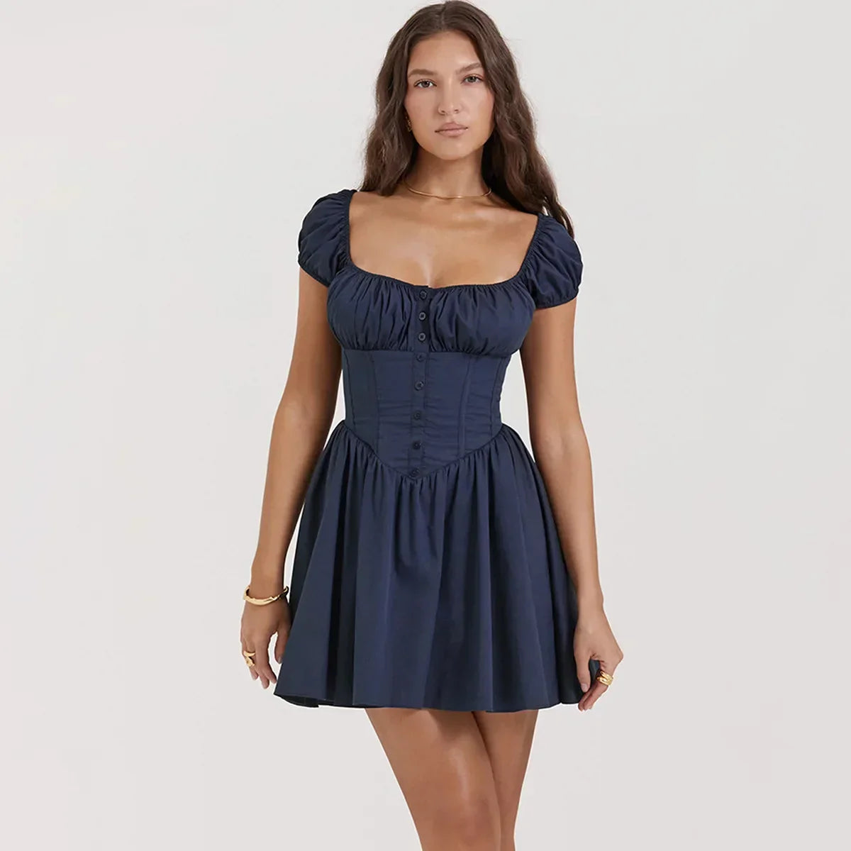 Puff Sleeve Button Up Corset Mini Dress InsStreet