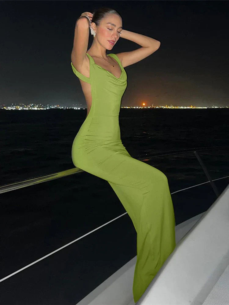 Ruffles Green Straps Backless Elegant Bodycon Evening Maxi Dress InsStreet