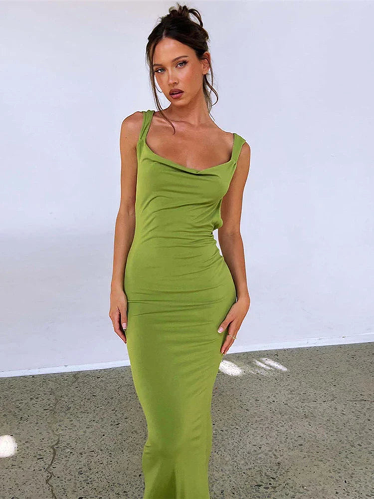 Ruffles Green Straps Backless Elegant Bodycon Evening Maxi Dress InsStreet