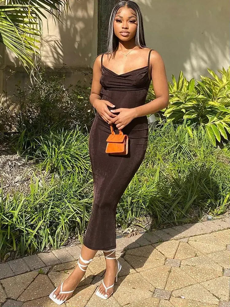 Sexy Draped Sleeveless Spaghetti Strap Midi Dress InsStreet