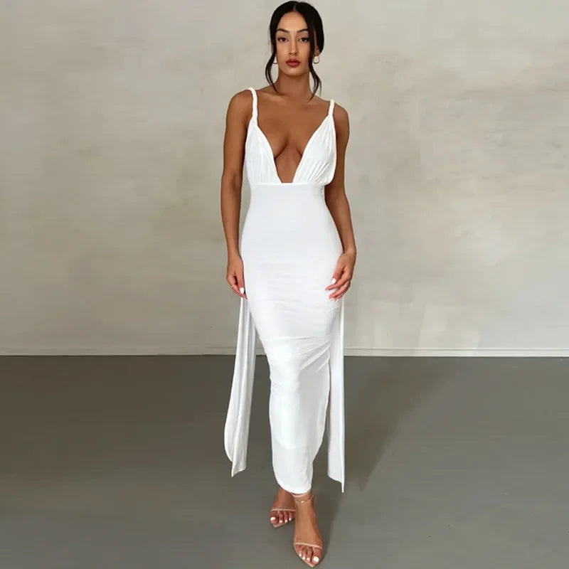 Sexy Plunge Deep V Neck Summer Club Party Sleeveless Ruched Slit Midi Dress InsStreet
