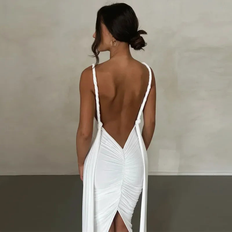 Sexy Plunge Deep V Neck Summer Club Party Sleeveless Ruched Slit Midi Dress InsStreet