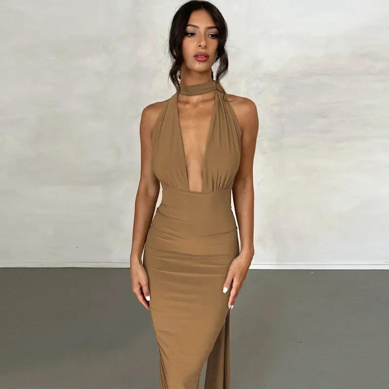 Sexy Plunge Deep V Neck Summer Club Party Sleeveless Ruched Slit Midi Dress InsStreet