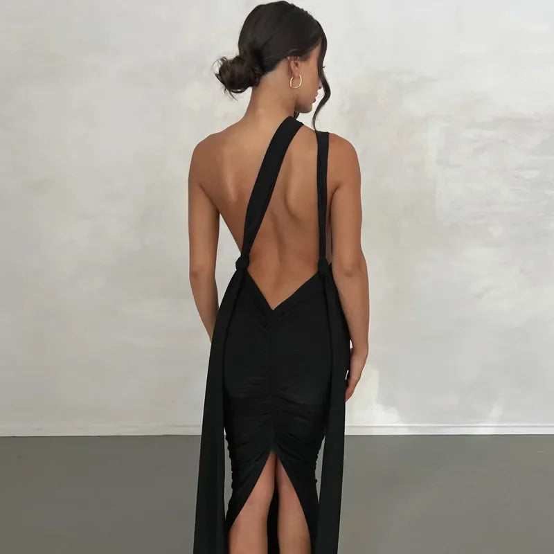 Sexy Plunge Deep V Neck Summer Club Party Sleeveless Ruched Slit Midi Dress InsStreet