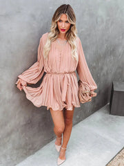 Solid Lace-up V-neck Button Ruffle Sexy Long Sleeves Mini Dress InsStreet