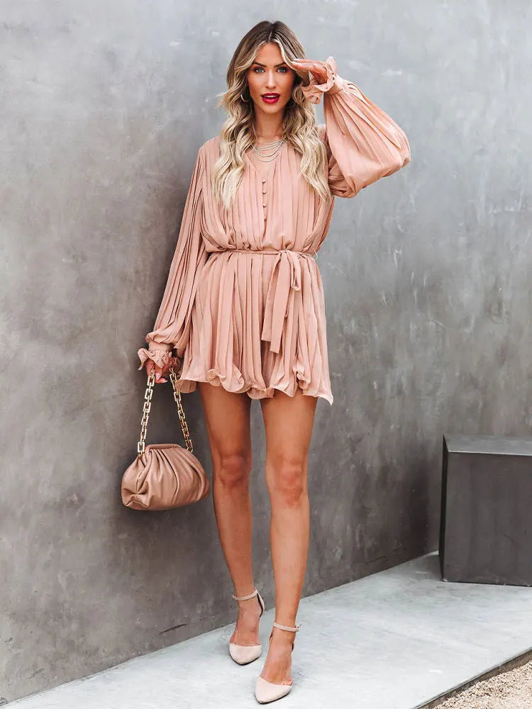 Solid Lace-up V-neck Button Ruffle Sexy Long Sleeves Mini Dress InsStreet