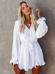 Solid Lace-up V-neck Button Ruffle Sexy Long Sleeves Mini Dress InsStreet