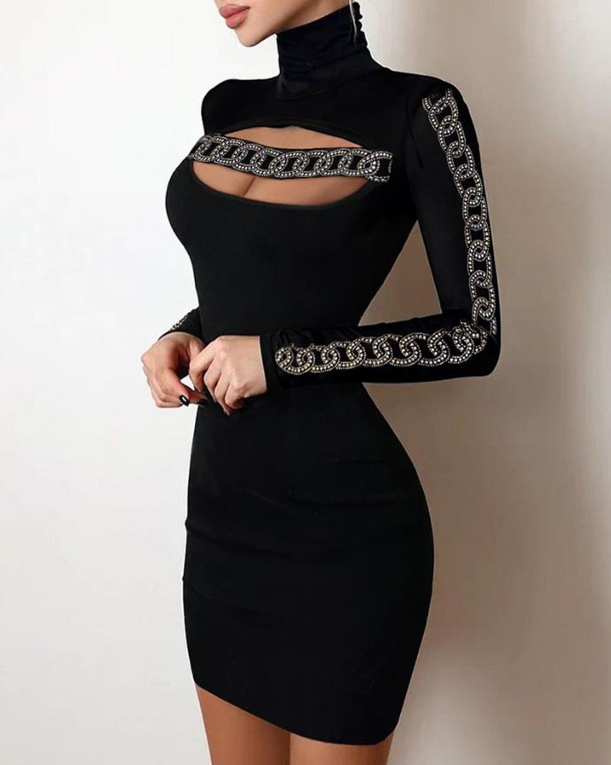 Glitter Contrast Lace Cutout Long Sleeve Bodycon Mini Dress InsStreet