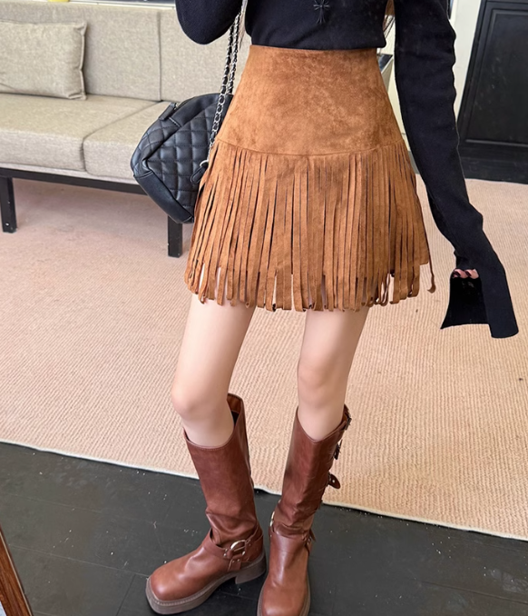 Fearless Faux Suede Fringe Mini Skirt