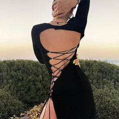 Fashion Fall Bandage Sleeve Backless Elegant Club Split Maxi Dress InsStreet