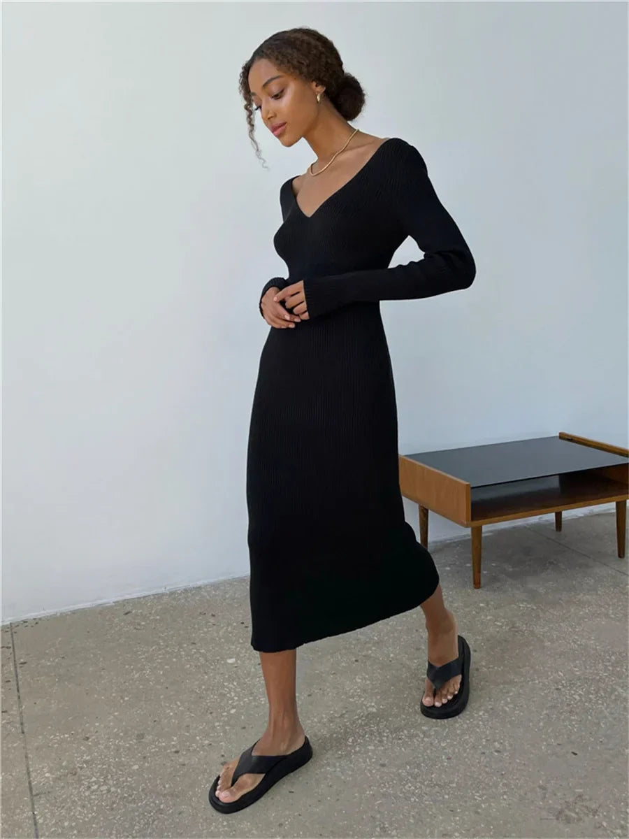 Fall Winter Knit Rib Long Sleeve V Neck Backless Midi Dress InsStreet