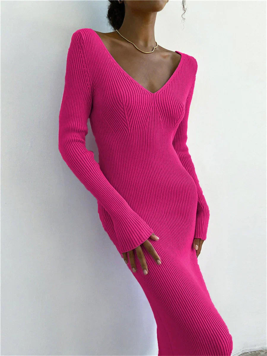 Fall Winter Knit Rib Long Sleeve V Neck Backless Midi Dress InsStreet