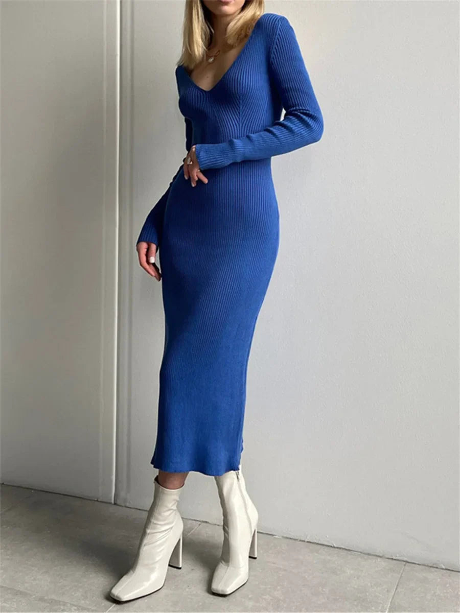 Fall Winter Knit Rib Long Sleeve V Neck Backless Midi Dress InsStreet