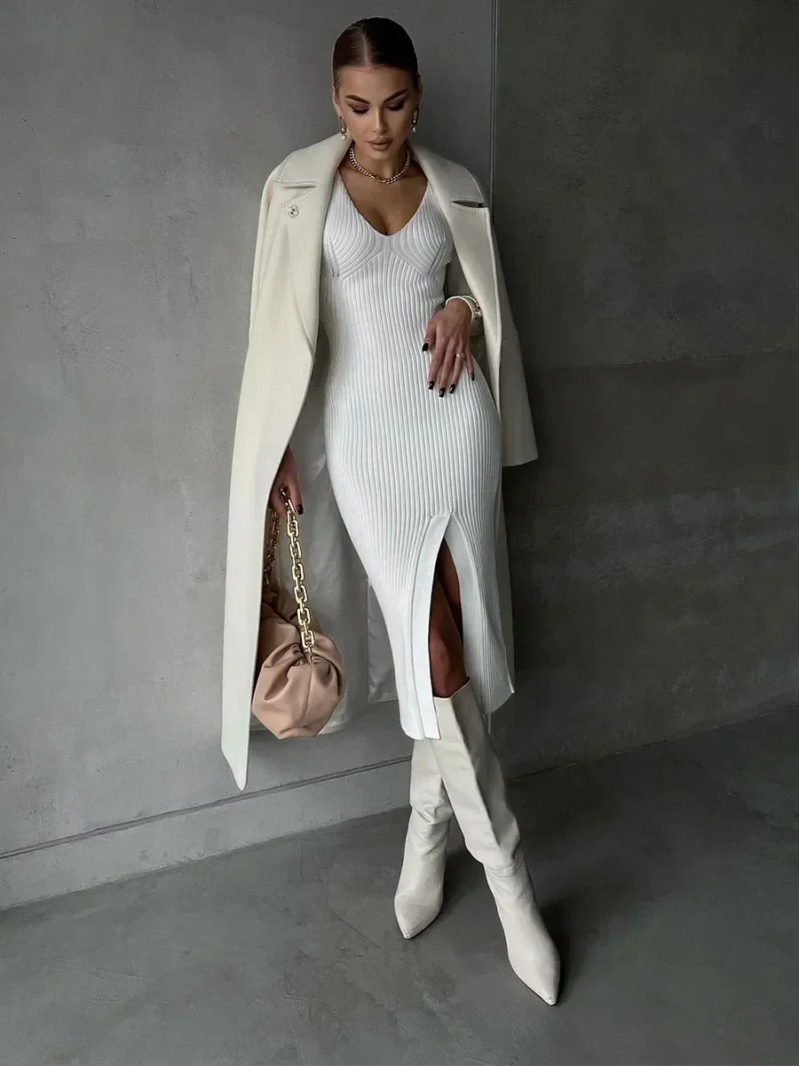 Fall Winter V-Neck Knitted Party Slit Long Sleeve Sweaters Midi Dress InsStreet