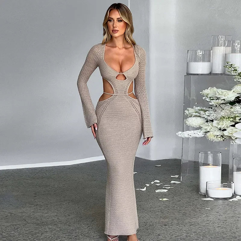 V Neck Knitted Maxi Dress InsStreet