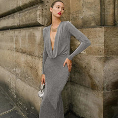 Fashion Club Draped Silk Long Sleeve Maxi Dress InsStreet