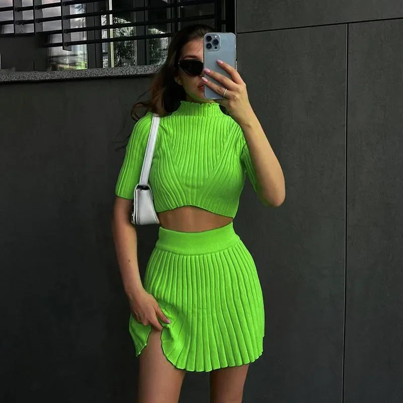 Knitted Pleated Matching Set Mini Dress InsStreet