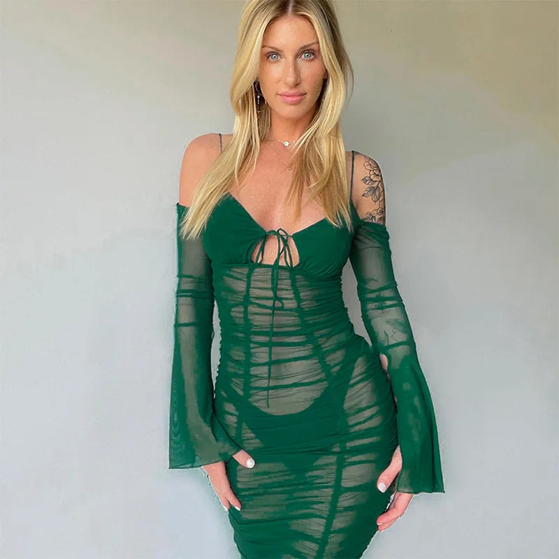 Fashion Mesh See Through Tie Front Maxi Dress InsStreet