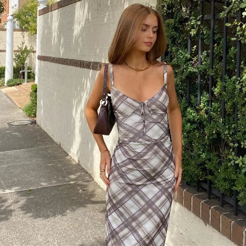 Fashion Plaid Print Outfits Maxi Dress InsStreet