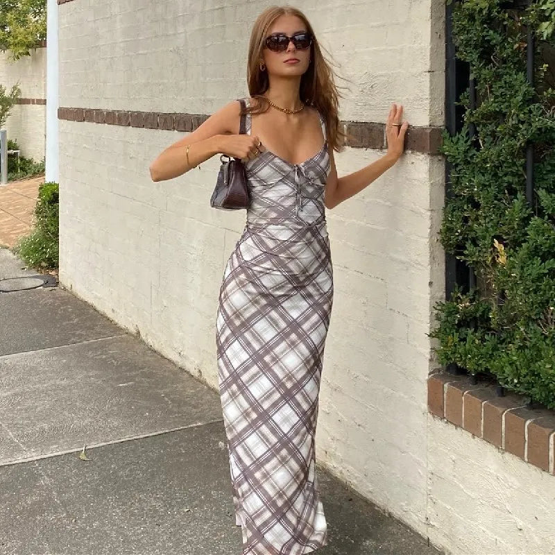 Fashion Plaid Print Outfits Maxi Dress InsStreet