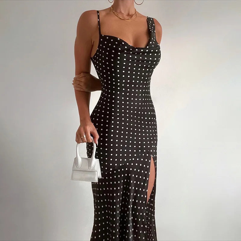 Fashion Polka Dots Draped Sexy Backless Maxi Dress InsStreet