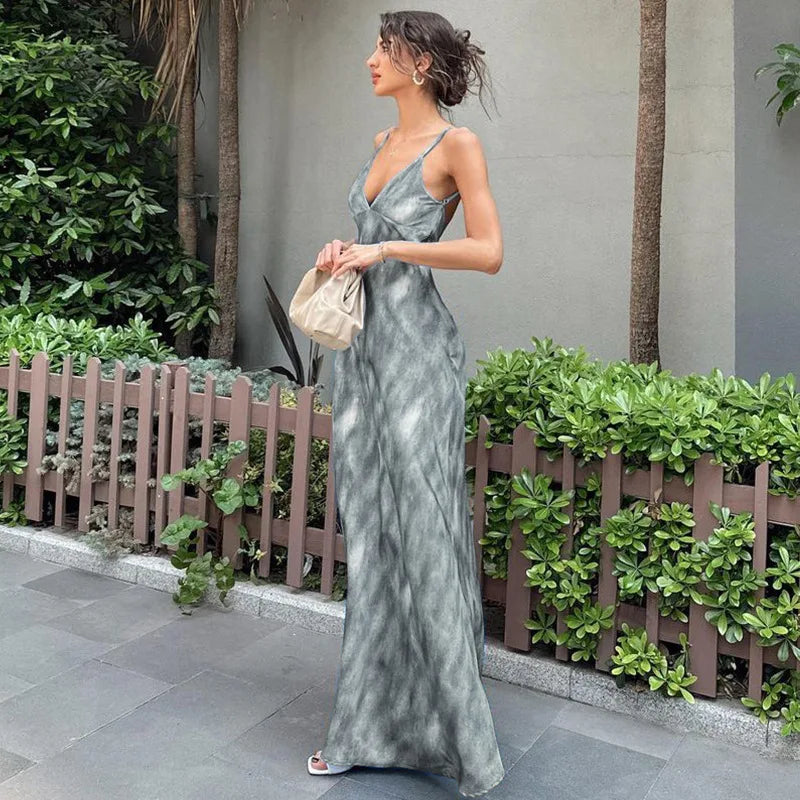 Fashion Print Sleeveless Backless Holiday Slip Maxi Dress InsStreet