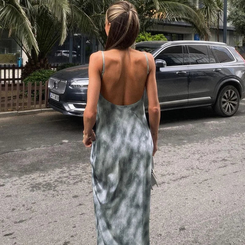 Fashion Print Sleeveless Backless Holiday Slip Maxi Dress InsStreet