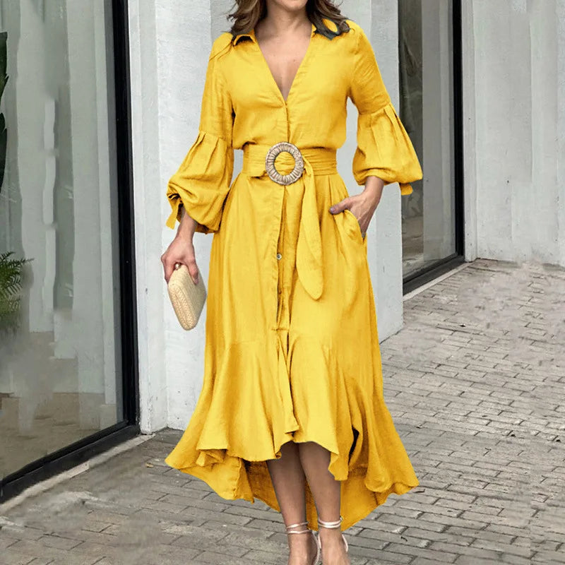 Fashion Ruffle Women's Shirt Casual V Neck Lantern Sleeve With Pocket Long Skirt 2024 Spring Lady Streetwear Midi Dress InsStreet