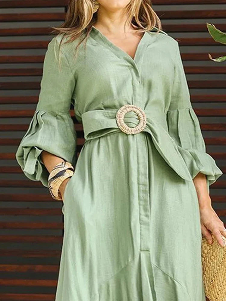 Fashion Ruffle Women's Shirt Casual V Neck Lantern Sleeve With Pocket Long Skirt 2024 Spring Lady Streetwear Midi Dress InsStreet