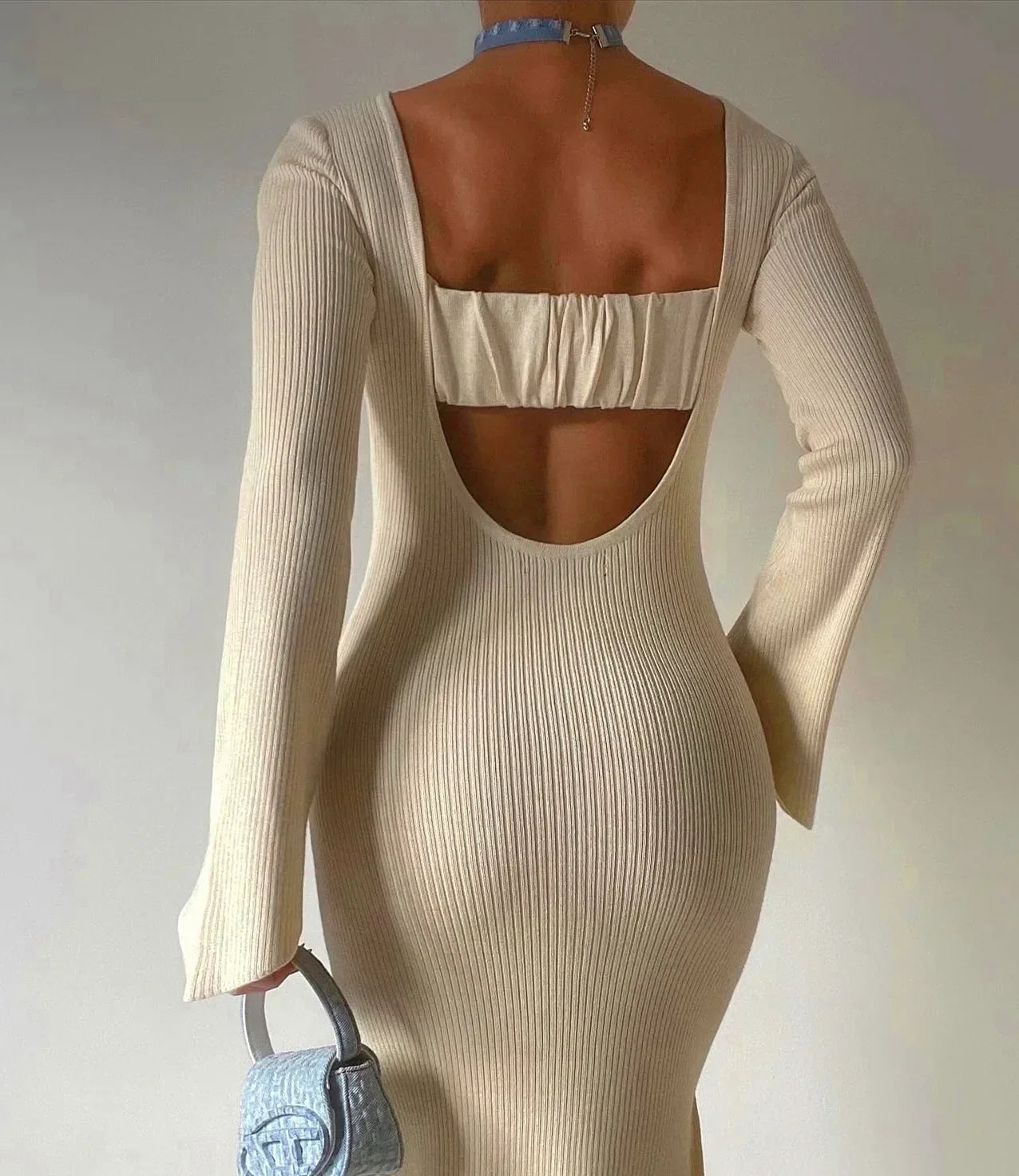 Backless Ribbed Knit Maxi Dress InsStreet