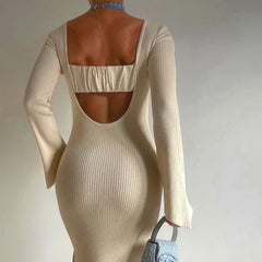 Backless Ribbed Knit Maxi Dress InsStreet