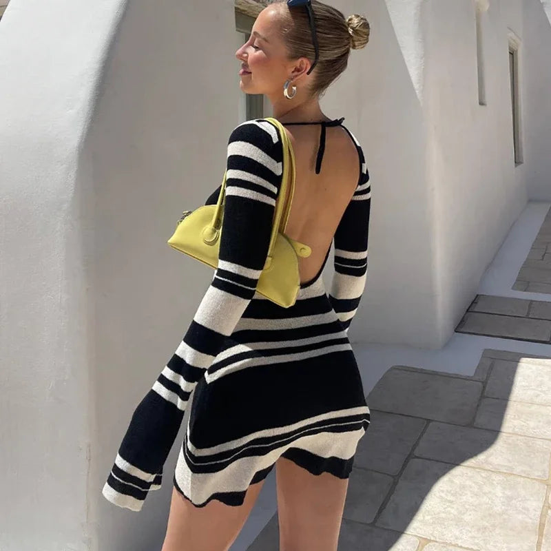 Fashion Striped Backless Mini Dress InsStreet