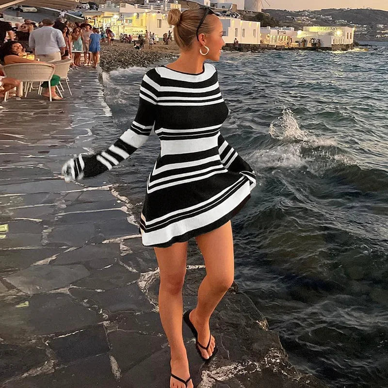 Striped Backless Flare Sleeve Mini Dress InsStreet