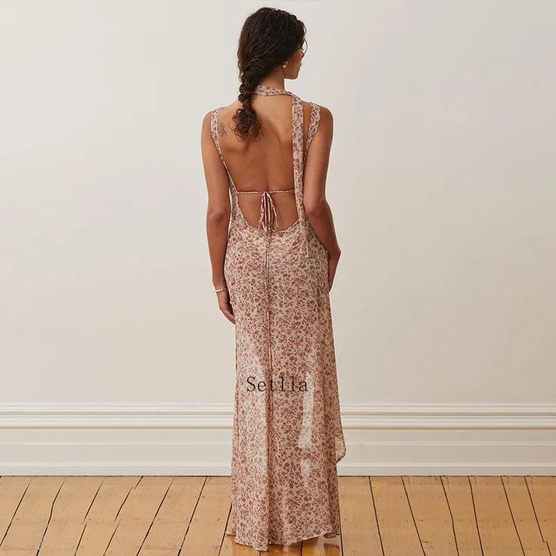 Backless Floral Print Birthday Vestido Maxi Dress InsStreet