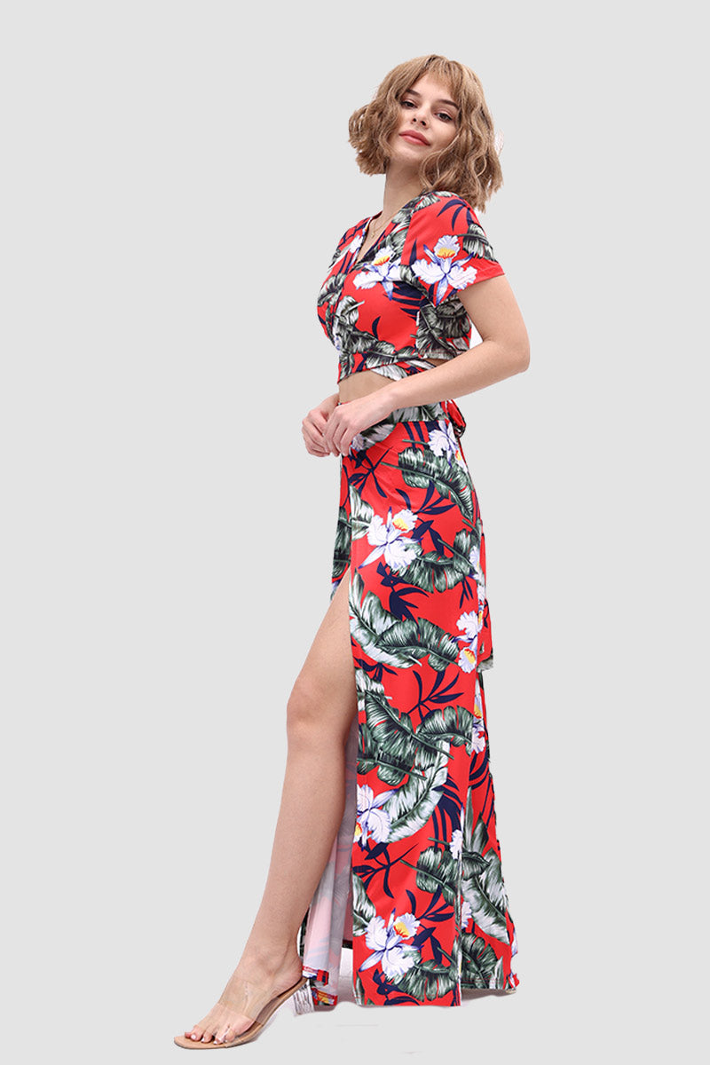 Floral V-neck Two-Piece Dress with Side Slit InsStreet